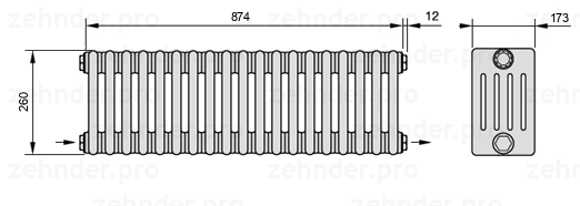 Схема (чертеж) Радиатор Zehnder Charleston 5026/19 №2670 Белый глянцевый RAL 9016